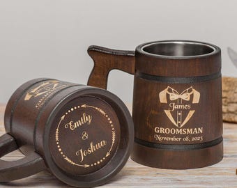 Personalized Groomsmen Beer Mug, Groomsmen gifts wooden mug, Custom Wooden Stein, Best Man Gift from Groom Engraved Wood Tankard