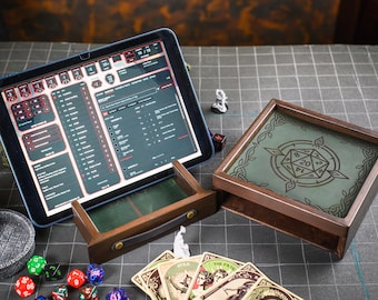 Dice rolling tray and dice storage, Dice tray wood with Tablet slot, Dice Box dnd, Wooden RPG Dice box Tabletop gaming, Dungeon and Dragons