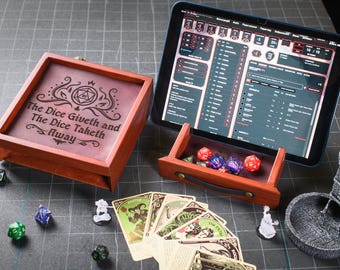 Dice tray wood with tablet holder, Rolling dice box and tray, RPG Storage Box, Dice vault, Dungeons and Dragons gifts