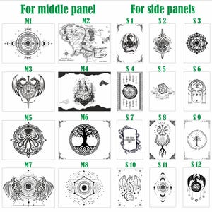 Op de afbeelding: Een verzameling zwart-wit fantasy kunstprints. De prints tonen diverse ontwerpen, waaronder draken, kaarten, geometrische vormen en de tekst "YOU CAN CERTAINLY TRY". Geschikt voor wanddecoratie.