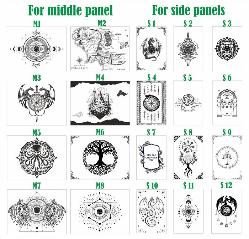 Op de afbeelding: Een verzameling zwart-wit fantasy kunstprints. De prints tonen diverse ontwerpen, waaronder draken, kaarten, geometrische vormen en de tekst "YOU CAN CERTAINLY TRY". Geschikt voor wanddecoratie.