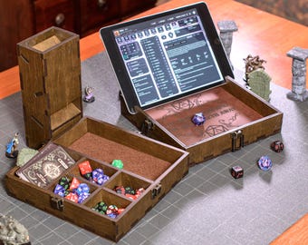 Custom Dice Tray with Tablet Slot, Wooden Dice Box and rolling dice tray, Dice organizer, Dice Tower, Dungeons and dragons, RPG gifts