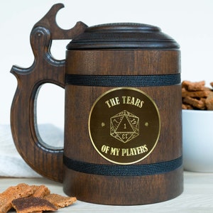 The tears of my players mug, Dungeon master mug with lid, Dungeons and Dragons gifts, Wooden Beer mug, Engraved Tankard, D&D beer stein