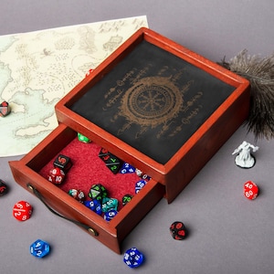 Würfeltablett aus Holz mit Aufbewahrung, D&D Würfelbox, Würfelhalter, D&D Würfelbox, RPG Würfelmatte, D&D Würfelmatte, D&D Geschenke für Ihn