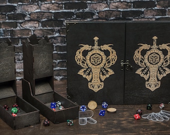 Paravent maître donjon en bois avec tour de dés, écran magnétique dnd dm, écran gm, tracker d'initiative, jeux de table, cadeaux dnd Pathfinder rpg