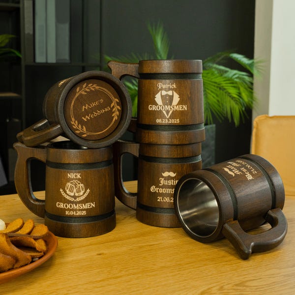 Unique Groomsmen Gifts, Personalized Wooden Beer Mugs for the Best Man and Groomsmen, Custom beer mug, engraved tankards