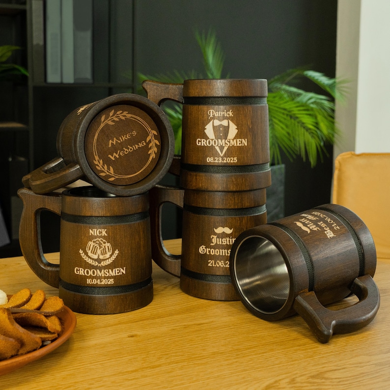Unique Groomsmen Gifts, Personalized Wooden Beer Mugs for the Best Man and Groomsmen, Custom beer mug, engraved tankards image 1