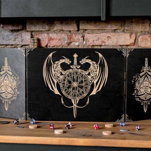 dm screen with dice towers and initiative trackers, Custom Game Master Screen Viking dnd dm screen, dragons runic wooden rpg screen