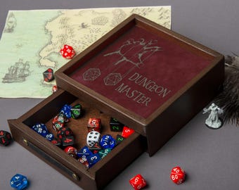 DnD dice tray and storage, Custom dice tray leather engraved, Portable magnetic dice box with tray, Unique dnd gifts, Nergy gifts for him