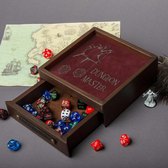 DnD dice tray and storage, Custom dice tray leather engraved, Portable magnetic dice box with tray, Unique dnd gifts, Nergy gifts for him