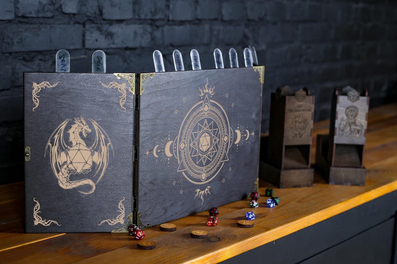 Custom dungeon master screen, Wooden RPG screen, dm screen magnetic wood with dice towers, Mystic dnd dm screen with initiative tracker image 2