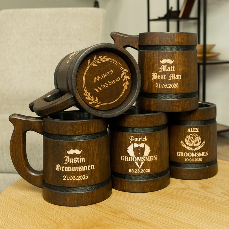 Unique Groomsmen Gifts, Personalized Wooden Beer Mugs for the Best Man and Groomsmen, Custom beer mug, engraved tankards image 6