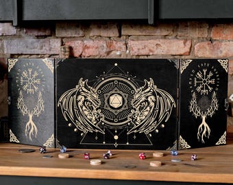 Wooden RPG dm screen, dm screen magnetic wood with dice towers, Mystic Esoteric dragons dnd dm screen with initiative tracker, gifts for DM