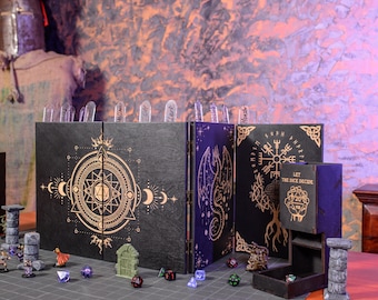 Personalized dm screen with dice towers and initiative trackers, dungeon master screen long 6 panels, gm screen magnetic, Wooden RPG screen