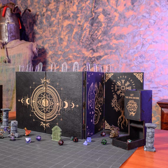 Personalized dm screen with dice towers and initiative trackers, dungeon master screen long 6 panels, gm screen magnetic, Wooden RPG screen