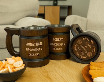 Groomsmen Gifts - wedding best men gifts, Wooden Beer Mugs, Engraved tankard, Viking Wedding, Groomsman Proposal, Bachelor party gifts
