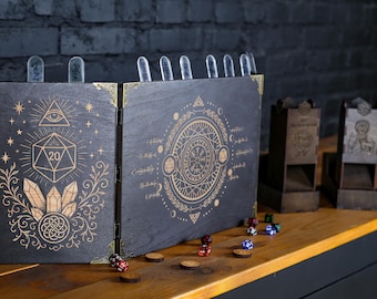 Dm screen Wood with Initiative Trackers and Dice Tower, Dungeon Master Screen dnd, Wooden RPG screen, Celtic Mystic Nerdy dm gifts