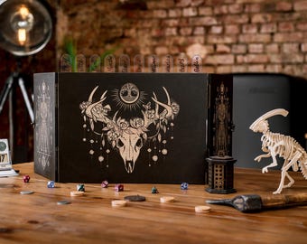 Custom dm screen with initiative trackers, Dungeon Master Screen, Fantasy Wooden RPG Screen, Druid gm screen with dice towers