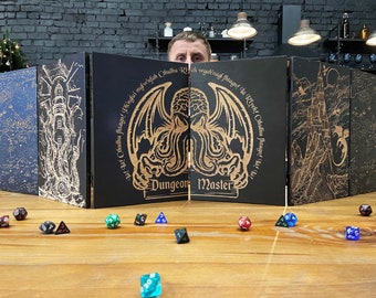 Cthulhu dm screen wood with 6 panels, dm screen magnetic, gm screen wood engraved with bag, Kraken dm screen, Dungeon Master gifts