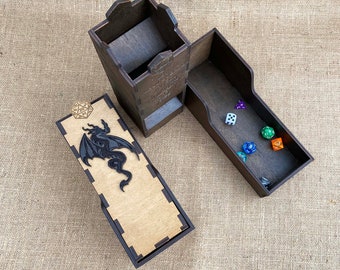 Dice tower wood, dnd dice tower and tray, Wooden dice tower, Dungeons and Dragons gifts, RPG tabletop gaming, Birthday gifts for him