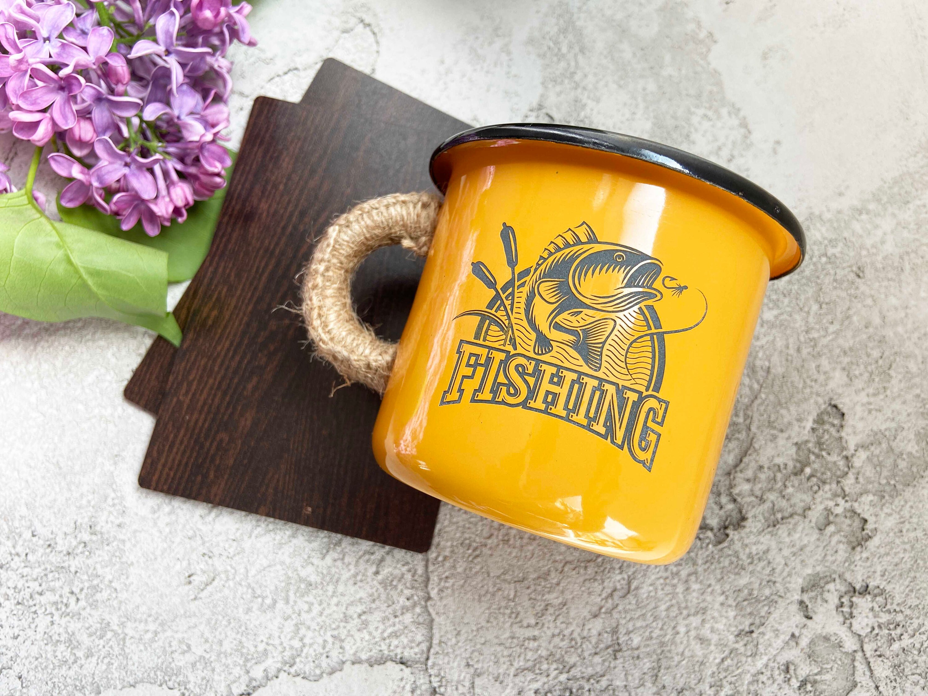 Fishing enamel mug Fishing gift for men Personalized yellow Etsy