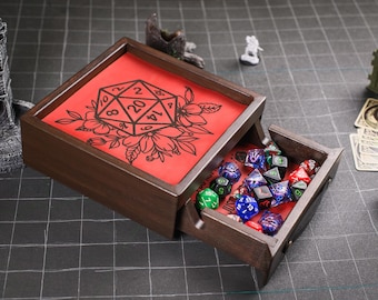 Personalized Dice Tray with Storage and Tablet Holder, Dice box and tray wood with tablet slot, dnd dice box, RPG Gift