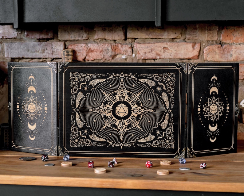 Custom dungeon master screen, Wooden RPG screen, dm screen magnetic wood with dice towers, Mystic dnd dm screen with initiative tracker image 12