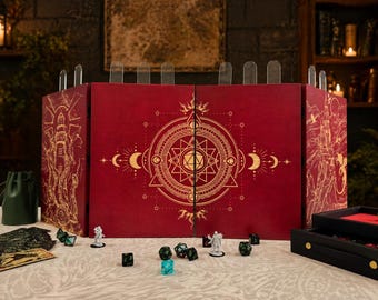 Wooden RPG screen with Dice Tower and Initiative Trackers, Dark Fantasy DM Screen long 6 panels, Pathfinder, Tabletop gaming Board