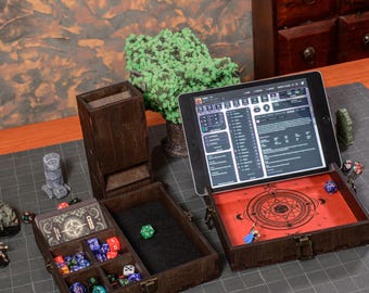 Vassoio per dadi personalizzato con supporto per tablet dnd, Torre e vassoio per dadi in legno, Scatola e vassoio per dadi, Vassoio per dadi RPG in legno con supporto per tablet, Contenitore per dadi