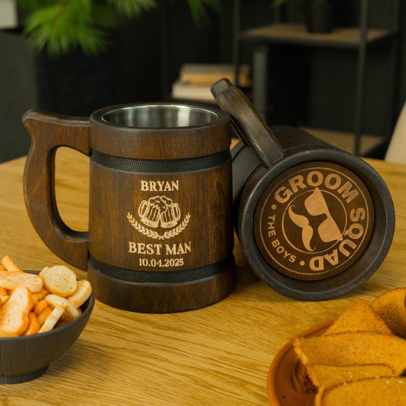 Unique Groomsmen Gifts, Personalized Wooden Beer Mugs for the Best Man and Groomsmen, Custom beer mug, engraved tankards image 8