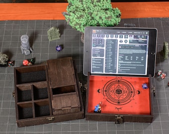 Vassoio per dadi Dungeons and Dragons con supporto per tablet, Torre e vassoio per dadi in legno, Scatola e vassoio per dadi, Vassoio per dadi RPG con supporto per tablet