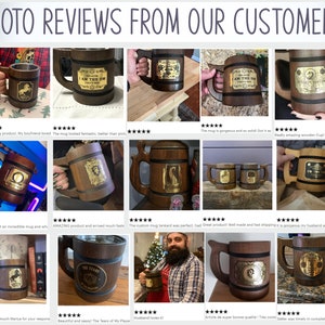 May include: A collection of customer reviews showcasing wooden mugs with a variety of designs. The mugs are brown with gold accents and feature different inscriptions, including "I am the DM" and "The Tears of My Player".