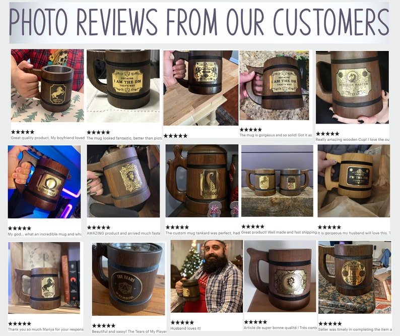 May include: A collection of customer reviews showcasing wooden mugs with a variety of designs. The mugs are brown with gold accents and feature different inscriptions, including "I am the DM" and "The Tears of My Player".
