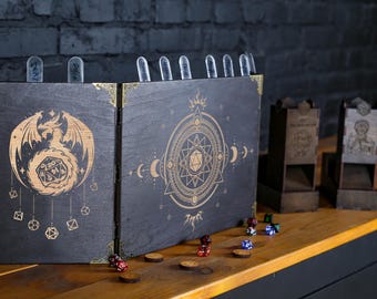 Écran RPG dm en bois avec tours de dés et trackers d'initiative, écran Fantasy dm, donjons et cadeaux dragons pour DM, accessoires dnd personnalisés