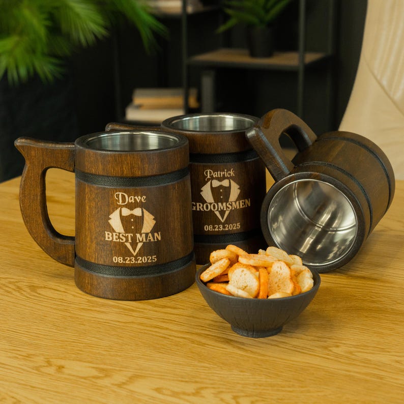 Unique Groomsmen Gifts, Personalized Wooden Beer Mugs for the Best Man and Groomsmen, Custom beer mug, engraved tankards image 7