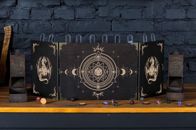 Custom dungeon master screen, Wooden RPG screen, dm screen magnetic wood with dice towers, Mystic dnd dm screen with initiative tracker image 11