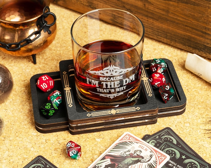 Dice Coaster DnD Dice Tray wood, Coaster Dice Tray, Dungeons and Dragons gifts for DM, Dungeon Master whiskey glass engraved, RPG dice tray