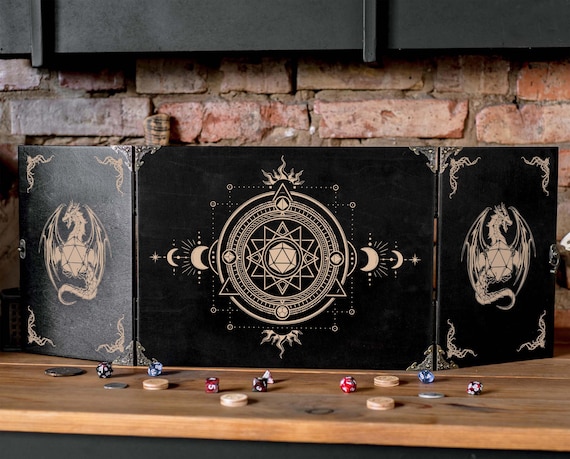 Custom dungeon master screen, Wooden RPG screen, dm screen magnetic wood with dice towers, Mystic dnd dm screen with initiative tracker