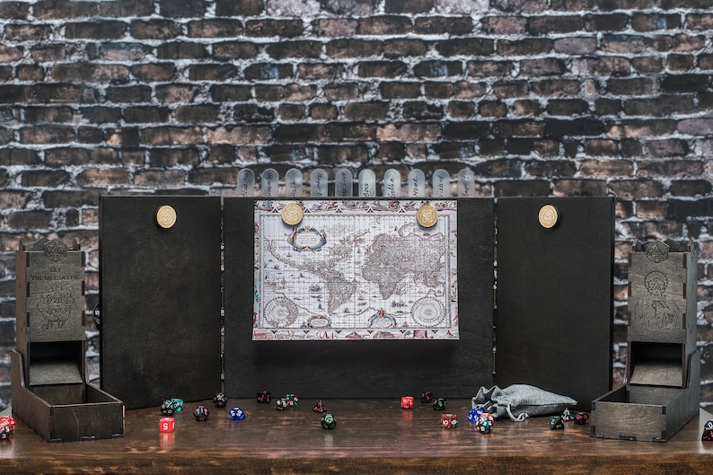 Custom dungeon master screen, Wooden RPG screen, dm screen magnetic wood with dice towers, Mystic dnd dm screen with initiative tracker image 14