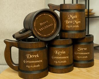 Set of 10 Custom Groomsmen Mugs, Unique Groomsman Gifts, Best Man Proposal, Wedding beer wood tankards, Personalized Usher Gifts