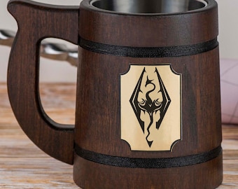 Skyrim Mug, Personalized Gifts For Him, Skyrim Gamer Gifts, Wooden Beer stein, Custom Beer mug, Engraved Tankard, Gamer Gift for Boyfriend