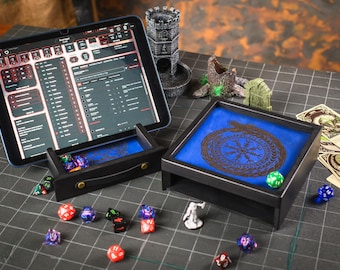 Personalized Dice wooden Tray with Tablet slot, Rolling dice tray and storage, Dice box with tablet holder  dnd box Tabletop rpg accessories