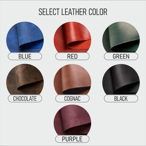 May include: Image displaying a selection of leather colors. The options include blue, red, green, chocolate, cognac, black, and purple. Each color is presented as a swatch with the color name below.