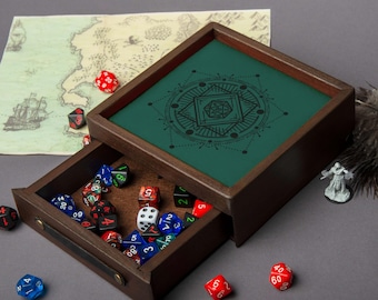Vassoio per dadi personalizzato in legno con scatola per dadi, vassoio e contenitore per dadi in legno, organizer per dadi Dungeons and Dragons, vassoio in pelle