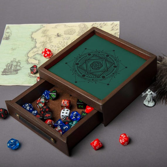 Personalized dnd Dice Tray Wood with Dice Box, Wooden Dice Tray and Storage, Dice Vault Organizer Dungeons and Dragons leather tray
