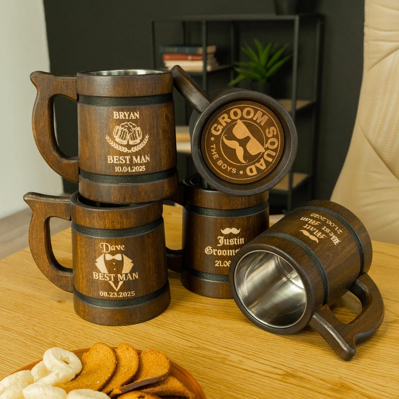 Unique Groomsmen Gifts, Personalized Wooden Beer Mugs for the Best Man and Groomsmen, Custom beer mug, engraved tankards image 10
