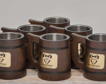 Set of 8 Groomsmen wooden beer mugs, Groomsmen personalized mug, Groomsman wood stein, Groomsmen gifts, Engraved Wooden tankard, wedding mug