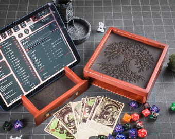 Custom dice box and tray with tablet slot, Rolling dice tray with tablet holder, Wooden RPG dice storage, Dice vault, Dungeons and Dragons
