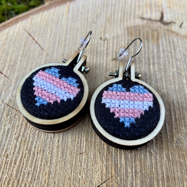 Miniature Trans / Transgender Pride Flag Heart Cross Stitch Charm Dangle Earrings