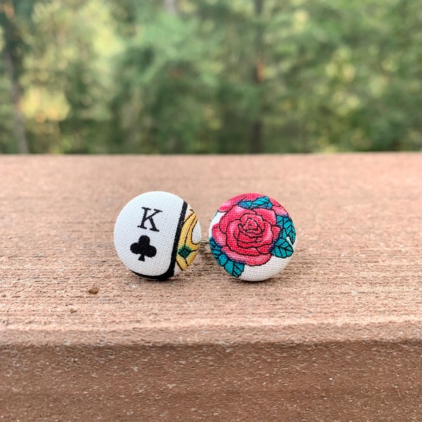 Americana Tattoo Playing Card Vintage Cloth Button Adjustable Rings - Rose & King of Clovers